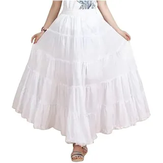 Saukiee Damen Bohemian Elastisch Taille Langer Rock Baumwolle Kreise Rüschen Besen Stab Bauer Maxi Stufenrock - Weiß - Einheitsgröße - Einheitsgröße