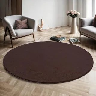 Mia ́s Teppiche Taos – kuscheliger Kurzflor Teppich in Felloptik, super Soft & waschbar bis 30°C, mit Anti-Rutsch-Unterseite, Wohnzimmer & Schlafzimmer, Made in Türkiye, Braun, 120 x 120 cm Rund