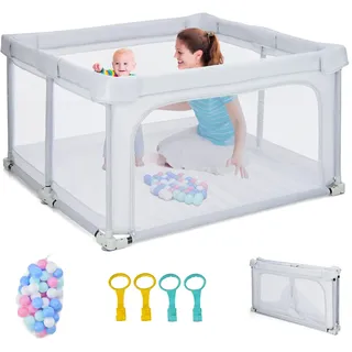 COSTWAY 124 x 124cm Baby Laufstall faltbar, tragbarer Laufgitter mit 50 Bälle, 4 Griffe, Verriegelungsfunktion, Krabbelgitter mit Netzwänden & Tür, Laufgitterzelt für Säuglinge & Kinder (Hellgrau)