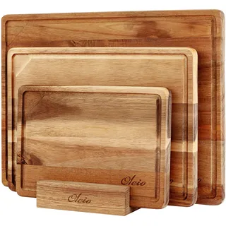 OLEIO Schneidebrett Holz 3er Set Massiv Akazie – Holzschneidebrett Küche | Mit Saftrille, Griffmulden & Halter – Schneidebretter Set 40x30/33x24/26x18cm, rutschfeste Silikonfüße