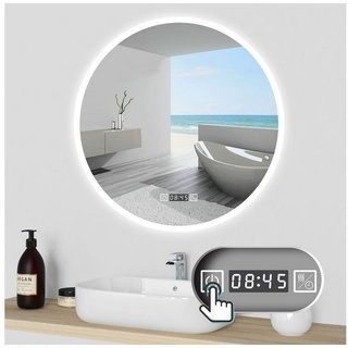 duschspa Badspiegel Wandspiegel Rund Kalt/Neutral/Warmweiß dimmbar Memory, Touch/Wandschalter + Uhr Ø 70 cm