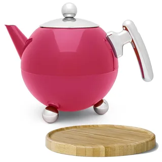 Bredemeijer Teekanne Pink 1,2 Liter - Edelstahl doppelwandig - runde Edelstahlkanne mit braunem Holz-Untersetzer - für längeren Teegenuß