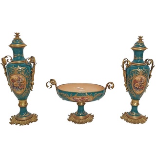 Casa Padrino Barock Deko Keramik Vasen Set mit Schale Grün / Mehrfarbig / Messing - Prunkvolle Deko im Barockstil - Barock Deko Accessoires - Barock Möbel - Edel & Prunkvoll