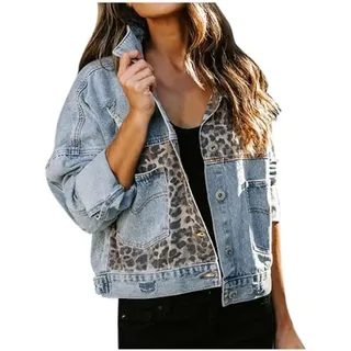 Vagbalena Leichte Jacquard-Jeansjacke für Damen Leoparden-Patchwork Kurze Jeansjacke Oberteil langärmelig Basic Krawattenschnalle mit Tasche, Jeansjacke (Blau,L) - L