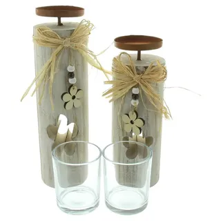 Dekoleidenschaft Windlicht Säule "Blüten" Windlichtsäule aus Holz & Glas Holzsäule mit Kerzenglas (2 St., im Set), 30 + 35 cm hoch, Shabby Look, Teelichthalter beige