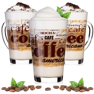 PLATINUX Latte-Macchiato-Glas Kaffeegläser mit Kaffee-Motiv, Glas, mit Kaffeeaufdruck Set 3-Teilig 300ml aus Glas Latte Macchiato Gläser weiß