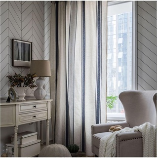 Homxi Vorhänge Schlafzimmer Transparent 2er Set 2 x 150W x 180H cm,Gardinen Transparent Wohnzimmer Dunkelblau Weiß Streifen Muster Vorhang Ösen