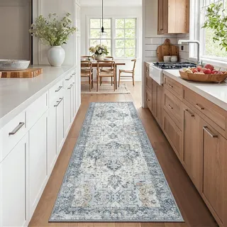 GENIMO Vintage Blau Teppich Läufer Flur 80x200cm Teppichläufer Waschbar | Waschbarer Teppich, Weich Rutschfest, Kurzflor im Retro, für Eingangsbereich, Badezimmer Schlafzimmer,für Flur Carpet