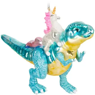 BRUBAKER Weihnachtsbaumkugel Einhorn reitet auf Dinosaurier Weihnachtskugel aus Glas - Handbemalt (1 St), Christbaumschmuck Dino Figur Lustig - Raptor Xmas bunt