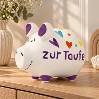 Spardose Sparschwein ZUR TAUFE weiß violett bunt 12,5 cm