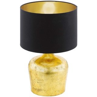 EGLO Tischlampe Manalba, Tischleuchte, Nachttischlampe aus Metall und Stoff, Wohnzimmerlampe in Gold, Schwarz, Lampe mit Schalter, E27 Fassung