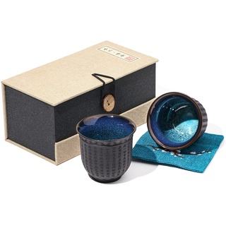 Captain Blues Teetasse 2er-Set, chinesische/japanische Keramik-Teetassen, Sake Cups, Kaffeetasse aus Porzellan ohne Henkel, Teetasse mit Herz-Sutra Gravur, 160 ml