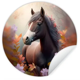 MuchoWow Wandsticker Pferd - Blumen - Natur - Lila - Tiere (1 St), Wandtattoo Selbstklebend, Wohnzimmer Deko Aufkleber, 30x30 cm bunt 30 cm x 30 cm x 0.1 cm