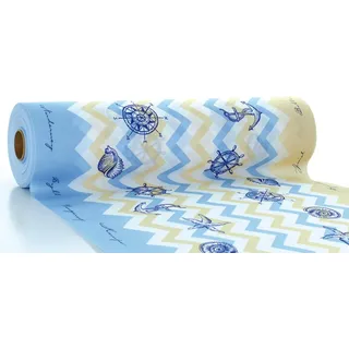 Sovie HORECA Airlaid Tischläufer MARITIM – 40 cm x 24 m – 1 Stück – perforiert alle 120 cm – maritimes Design mit Leuchtturm, Seestern, Anker & Muscheln in Hellblau & Beige