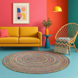 MY-RUG Jute Teppich Rund 150 cm - Sisalteppich Wohnzimmer - Bunt | Handgemachter Naturfaser-Teppich aus 100 % Jute, OEKO-TEX zertifiziert, pflegeleicht, für Staubsaugroboter und Allergiker