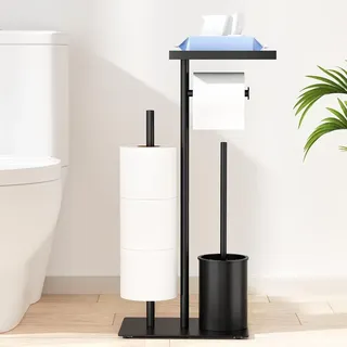 Toilettenpapierhalter stehend, Klopapierhalter Stehend mit Klobürste und Tablett, WC Garnitur mit Toilettenpapierhalter Stehend und Toilettenbürste - Schwarz