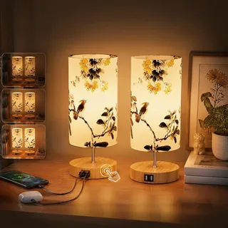 Nachttischlampe 2er Set, Touch Dimmer mit Ladefunktion USB Anschlüssen. | 3-Fach Dimmbar, Vogel Stoffschirm für Deko, 2 USB-Ports, Tischlampe mit Kabel, Lampe für Wohnzimmer Schlafzimmer Babyzimmer.