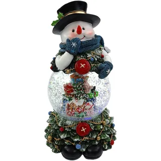 Schneekugel/Spieluhr 100mm, Schneemann und geschmückter Tannenbaum, Licht, Schneeantrieb, 23cm