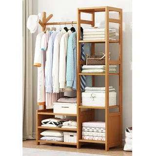 Kleiderständer Kleiderstange Garderobenständer Bambus Kleiderstangestab Offener Kleiderschrank Multifunktionale Schlafzimmer Garderobe Kleiderständer Mit 4 Ablagen, 50/70/80/100cm