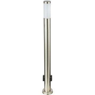 Außenleuchte stehend Edelstahl Stehleuchte mit Steckdosen Aussen Wegeleuchte Stehlampe mit Strom, silber opal, 1x E27, DxH 7,6x110 cm