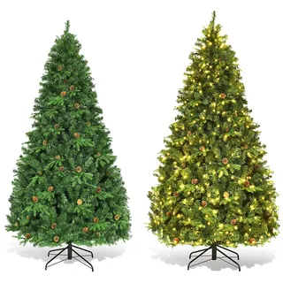 RELAX4LIFE Weihnachtsbaum Künstlich mit Beleuchtung, Christbaum mit 460 LEDs in warmweiß, 210 cm Tannenbaum geschmückt mit Tannenzapfen, inkl. Metallständer, Klappsystem Baum für Weihnachten, grün