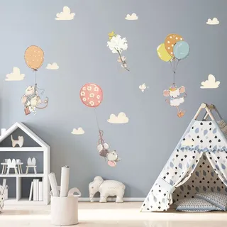 Wandsticker Kinder Dekoration Babyzimmer Wandtattoo Kinderzimmer Wandaufkleber Maus und Fliegende Luftballons H60 x 90 cm