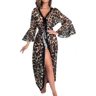 MIYAA Damen Morgenmantel Kimono Bademantel,Satin Kimono Sexy Leopard Robe Spitzenbesatz V-Ausschnitt Weiche Nachtwäsche Langer Bademantel Für Braut Hochzeitsfeier