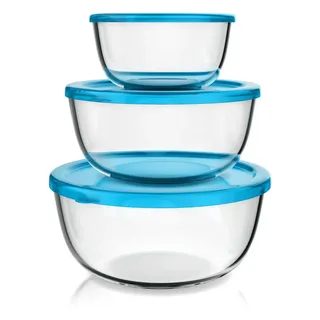 Arendo Salatschüssel 3er Set mit Deckel, Glasschüssel 1,1L / 2,7L / 4,4L, Glas Rührschüssel, Glas, (Set, 3-tlg), Glasschale, BPA-frei, Spülmaschinen- und mikrowellengeeignet blau|weiß
