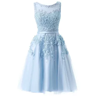 EverBeauties damen Knielang Damen Abendkleider Perlstickerei Spitze Applique T ̈1ll Kurz Ballkleid Himmelblau 48 - 48