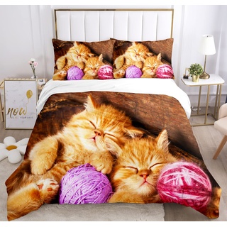 Katze Bettwäsche Set 135 x 200 cm, Tiermotiv, Kinderbettwäsche, Cat Muster Bettbezug 3D Haustier Katze Bettbezug Set, mit Bettbezug und Kissenbezug (200 x 200 cm, Katze-2)