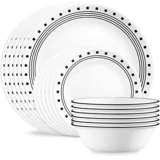 Corelle 18-teiliges Tafelservice City Block, Schwarz-Weiß-Service für 6 Personen, splitterfestes Geschirr, inklusive 26 cm Speiseteller, 17 cm Salat-/Beilagenteller und 530 ml Suppen-/Müslischalen
