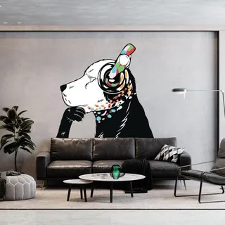 Decords Wandtattoo – denkender Hund mit Kopfhörern im Street-Art-Stil, 279 x 193 cm, Links