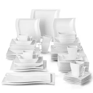 MALACASA FLORA Geschirr Set, 56-tlg Geschirrset Eckig aus Porzellan inkl. 12x Speiseteller, 12x Dessertteller, 12x Suppenteller, 6x Schüssel, 6x Kaffeetassen, 6x Untertassen, 2x Servierplatte, Weiß