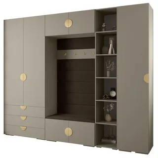 Abiks Möbel Garderoben-Set, Kaschmir, Braun, Gold, Holz, Nachbildung, 2-Sitzer, 13 Fächer, 290x236.7x47 cm, Garderobe, Garderoben-Sets & Serien, Garderoben-Sets