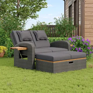 Merax Rattan Loungeset 3-in-1 Gartenbank, Loungesofa mit verstellbarer Rückenlehne, Akazie Loungebett Gartenmöbel Set mit Ablagefläche und Sitzh... - Grau