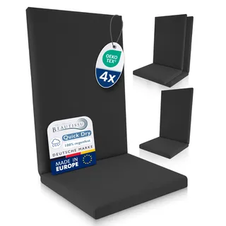 Beautissu 4er Set Premium Hochlehner Auflage 100% Wasserdicht 120x50cm – UV-beständig Bequem Pflegeleicht Waschbar Sitzkissen Gartenstuhl – Quick Dry Polsterauflage Gartenmöbel Stuhlauflage Anthrazit