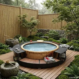 IKAYAA Whirlpool Umrandung Pool mit Stauraum Umrandung Poolumrandung Rund für Whirlpool Spa Schwimmbecken Poly PE-Rattan und Akazienholz