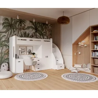 Hochbett , Etagenbett ZU PL mit Matratze, Schreibtisch, Kleiderschrank. Farbe Weiß. Treppe beide seitig montierbar - Weiß