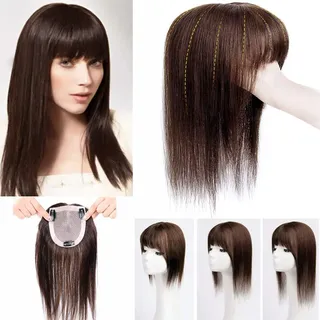 Eree Hair 40,6 cm glattes Echthaar-Topper mit Pony, 10 x 12 cm, Mono-Basis, für Damen mit dünner werdendem Haar, Toupet aus Echthaar Clip-in-Haarkrone Haarverlängerung Oberteil Haarteil, Dunkelbraun