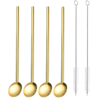 QUARKZMAN 4Stk Edelstahl Strohhalme Löffel 7.7" Wiederverwendbar Metall Trinkender Strohhalm Löffel mit Reinigung Bürsten für Milchshake Getränke Cocktail Gold