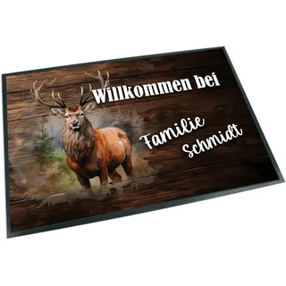 Unikatolo Fußmatte Hirsch mit Name personalisiert - rustikaler Abtreter für Flur & Eingangsbereich, Türeingang, Willkommen, Einzug, zum Geburtstag für Jäger Weidmannsheil (Hirsch-1, 75x50cm)