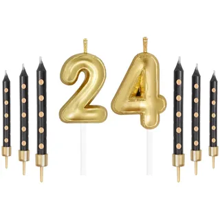 Schwarz Gold 24th Geburtstag Kerzen, Gold Zahl 24 Kerzen für Kuchen, Mädchen Jungen 24th Geburtstag Dekorationen, Schwarze Kerzen, Black Gold Kerzen Kuchen Topper für Geburtstag Party Dekor Hochzeit