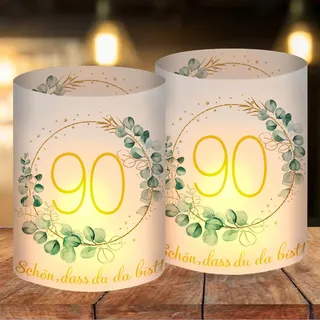 12 Windlicht Tischdeko 90 Geburtstag, Happy Birthday Tischdeko 90. Geburtstag Frauen, Deko 90 Geburtstag Frau Mann, Geeignet für Teelichter oder Kerzen mit Schön DASS Du Da Bist und Eukalyptus