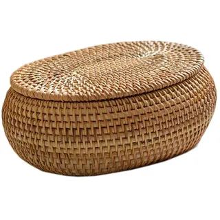 Kueohse Aufbewahrungskörbe Aus Rattan mit Deckel, Rattankorb, Handgewebter Runder Geflochtener Korb, Dekorative Schreibtischbox für Zuhause, Büro