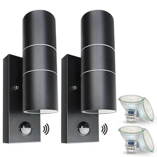 Wondlumi 2er Set Aussenlampe mit Bewegungsmelder Schwarz IP44 GU10 4x5W LED | Außenleuchte Bewegungssensor anthrazit warmweiß LED Metall Modern Terrasse Balkon Garten Eingang Garage 230V 500lm Glühbirne