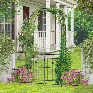 FANTASK Rosenbogen mit Tür, 202 x 50 x 220 cm, Rankbogen Metall mit Pflanzkästen, Torbogen für Kletterpflanzen, Rankgitter Rosenspalier für Hochzeit Partys Garten, Schwarz