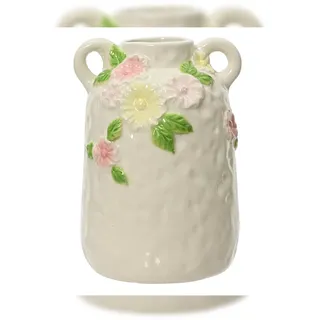 Decoris Vase / Blumenvase mit Blumenmotiv & Griffen Keramik 12x18cm Creme Rosa Tischvase - Dekovase Keramikvase Home Dekor Flower Vases - Tischdeko Geschenk