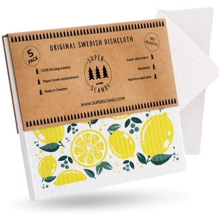 SUPERSCANDI Lemon 5 Pack (3 Gemustert, 2 weiß) schwedische Geschirrtücher, umweltfreundlich, wiederverwendbar, nachhaltig, biologisch abbaubar