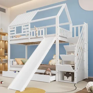Merax Kinderbett Etagenbett 90x200cm, Hochbett für 2 Kinder, Stockbett mit Rutsche & Stauraumtreppe & Große Schubladen & Rausfallschutz & 2 Lattenrost, Hausbett mit Dach & Fenster, ohne Matratze, Weiß