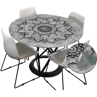 Morbuy Tischdecke Outdoor Rund 150 cm, Elastisch Rund Abwaschbar Tischdecken Wasserabweisend Lotuseffekt Garten Tischdecke Grau Mandala Table Cloth, Ideal für 130cm-140cm